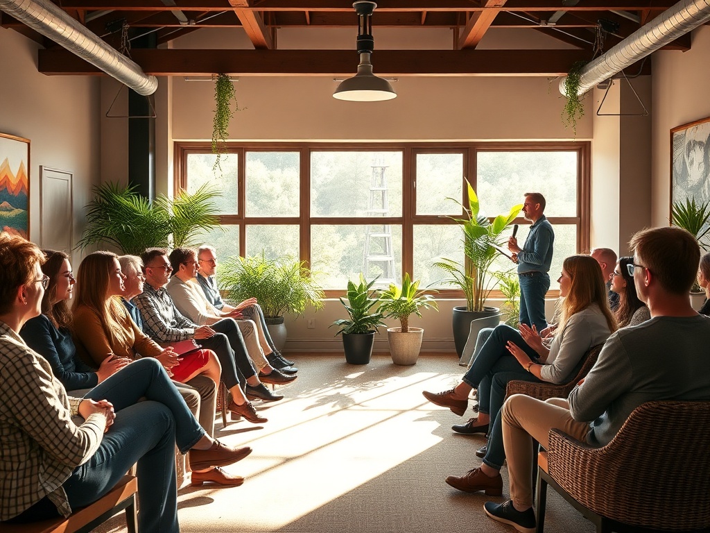 A warm, inviting seminar room with diverse, engaged adults listening attentively, sunlight streaming through windows, vibrant plants, cozy seating, and a presenter sharing knowledge.