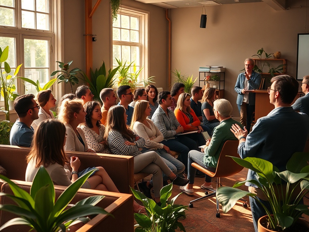 A warm, inviting seminar room with diverse, engaged adults listening attentively, sunlight streaming through windows, vibrant plants, cozy seating, and a presenter sharing knowledge.