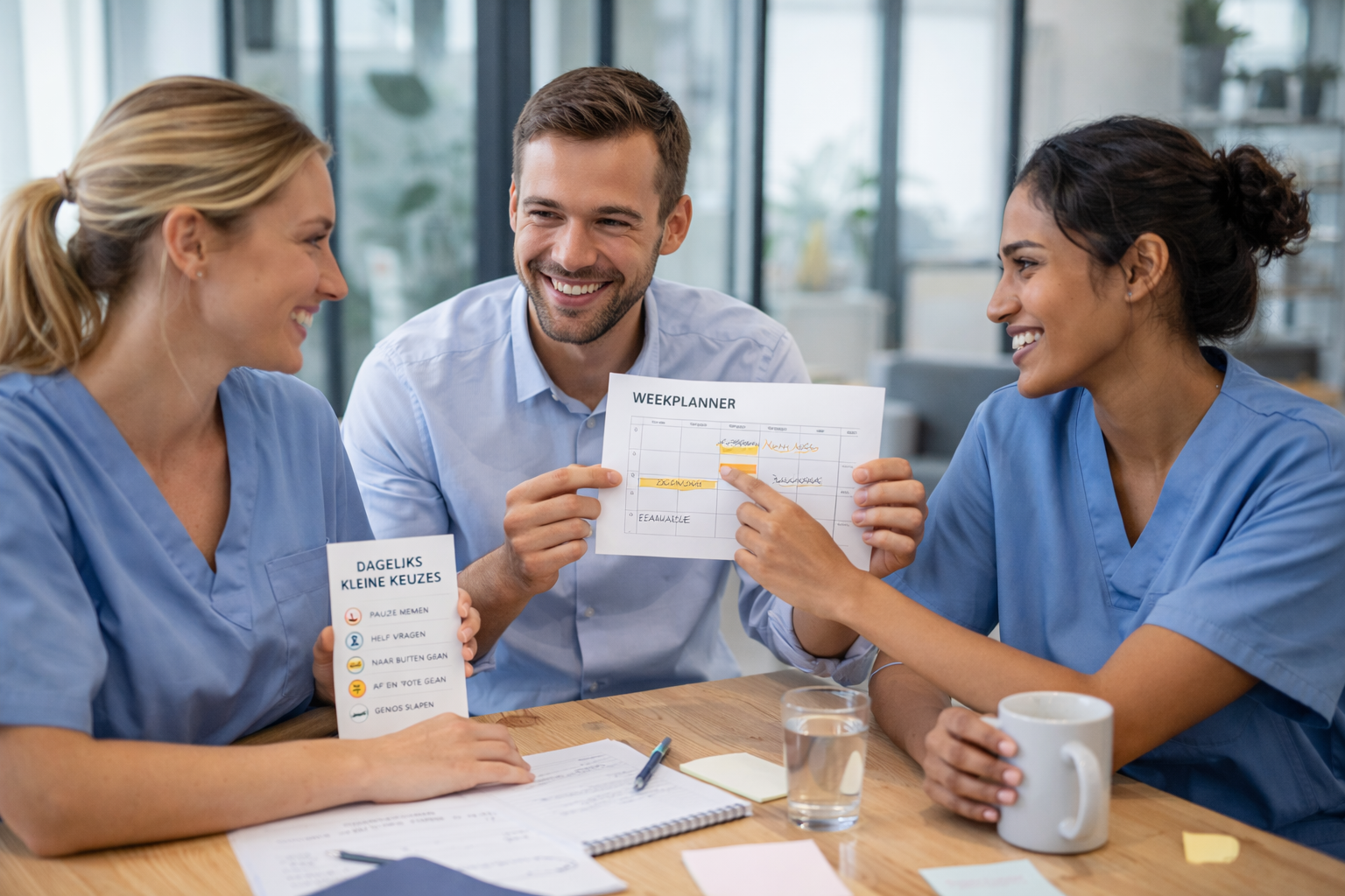 Collega’s bespreken hoe kleine keuzes bijdragen aan meer werkgeluk op de werkvloer.