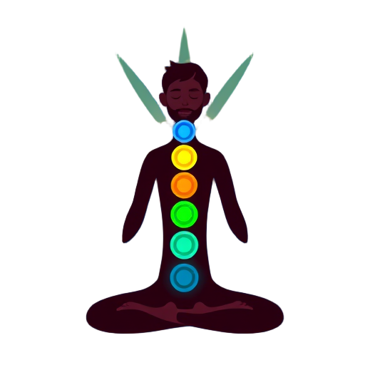 "Seven colorful chakras" "aligned vertically" "glowing softly" "human silhouette" "radiating energy" "calm expression" "simple shapes" "flat colors" "bold outlines" "solid blue background"