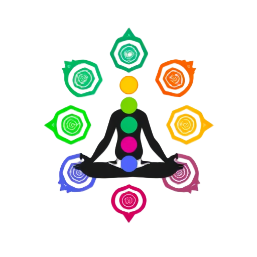 "Seven colorful chakra symbols" "Simple human silhouette" "Balanced energy flow"