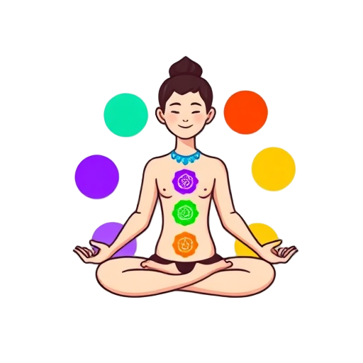 "Seven chakras" "Colorful circles" "Energy flow" "Meditation pose" "Balanced figure" "Radiant aura" "Calm expression"