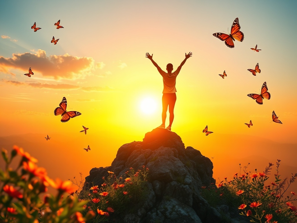 "A person standing on a mountain peak at sunrise" "radiating warm golden light" "surrounded by blooming flowers and butterflies" "symbolizing transformation and inner strength" "vibrant colors, hopeful atmosphere"