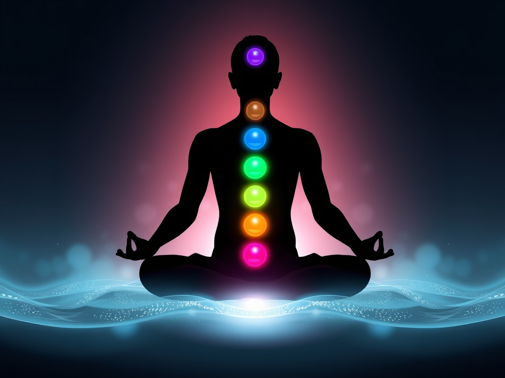 A serene human silhouette meditating surrounded by glowing "seven colorful chakra orbs" aligned along the spine, "soft radiant energy waves," "nature elements," and "subtle light reflections" creating harmony.