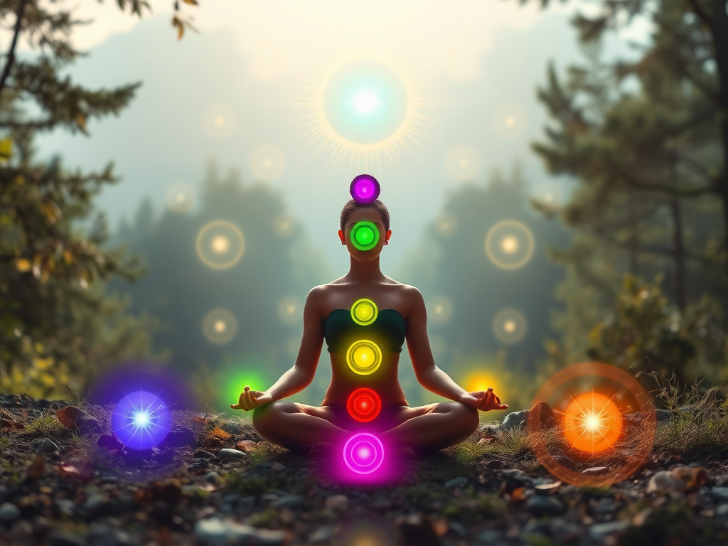 "Serene person meditating" surrounded by "glowing colorful chakras" in a "peaceful nature setting" with "soft light" and "gentle energy flow"