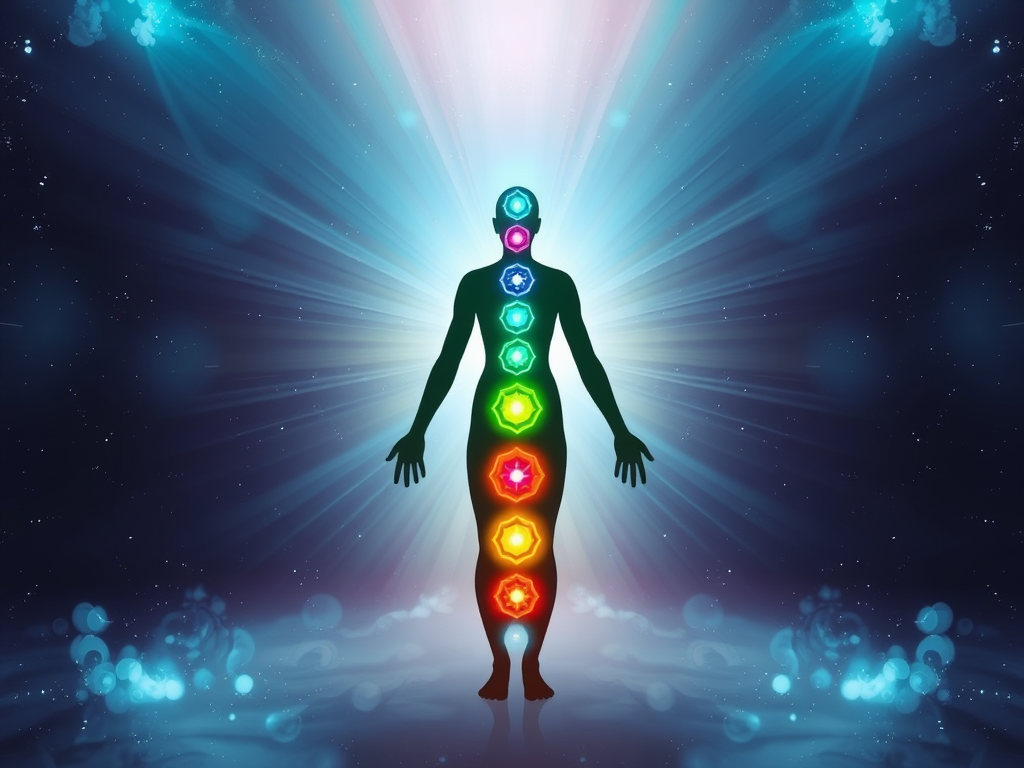 "Radiant human silhouette" surrounded by "glowing colorful chakras" aligned along the spine, set against a "mystical cosmic background" with "soft light rays."