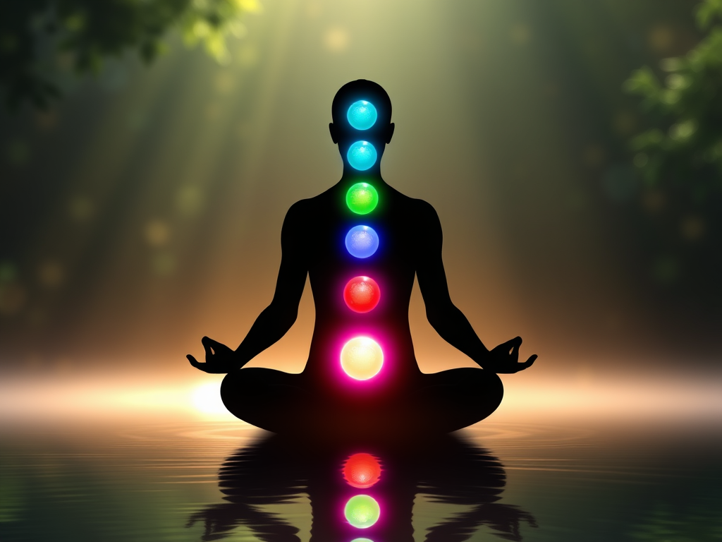 A serene human silhouette meditating surrounded by glowing "seven colorful chakra orbs" aligned along the spine, "soft radiant energy waves," "nature elements," and "subtle light reflections" creating harmony.