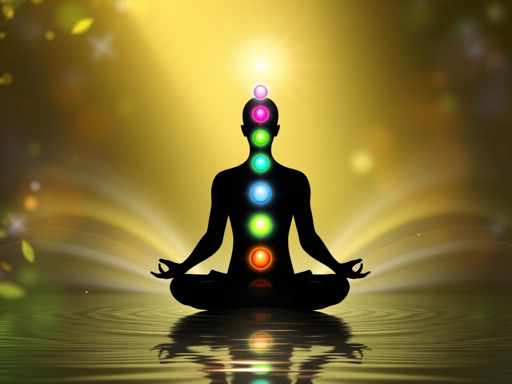 A serene human silhouette meditating surrounded by glowing "seven colorful chakra orbs" aligned along the spine, "soft radiant energy waves," "nature elements," and "subtle light reflections" creating harmony.