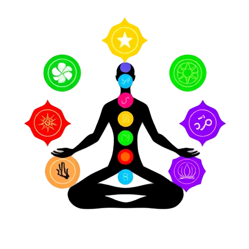 "seven chakras" "colorful symbols" "radiant aura" "human silhouette" "energy flow" "balanced posture" "glowing light"