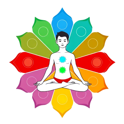 "Seven colorful chakra symbols" "Radiating energy waves" "Human silhouette centered" "Balanced posture" "Bright, harmonious colors" "Calm, peaceful expression" "Simple, clean lines"