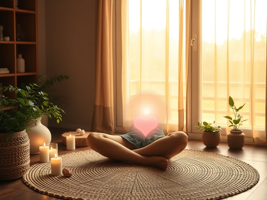 "Warm peaceful room" "person seated cross-legged on woven mat" "soft golden light through window" "small crystals and candles" "gentle plant greenery" "subtle energy glow around heart and root"