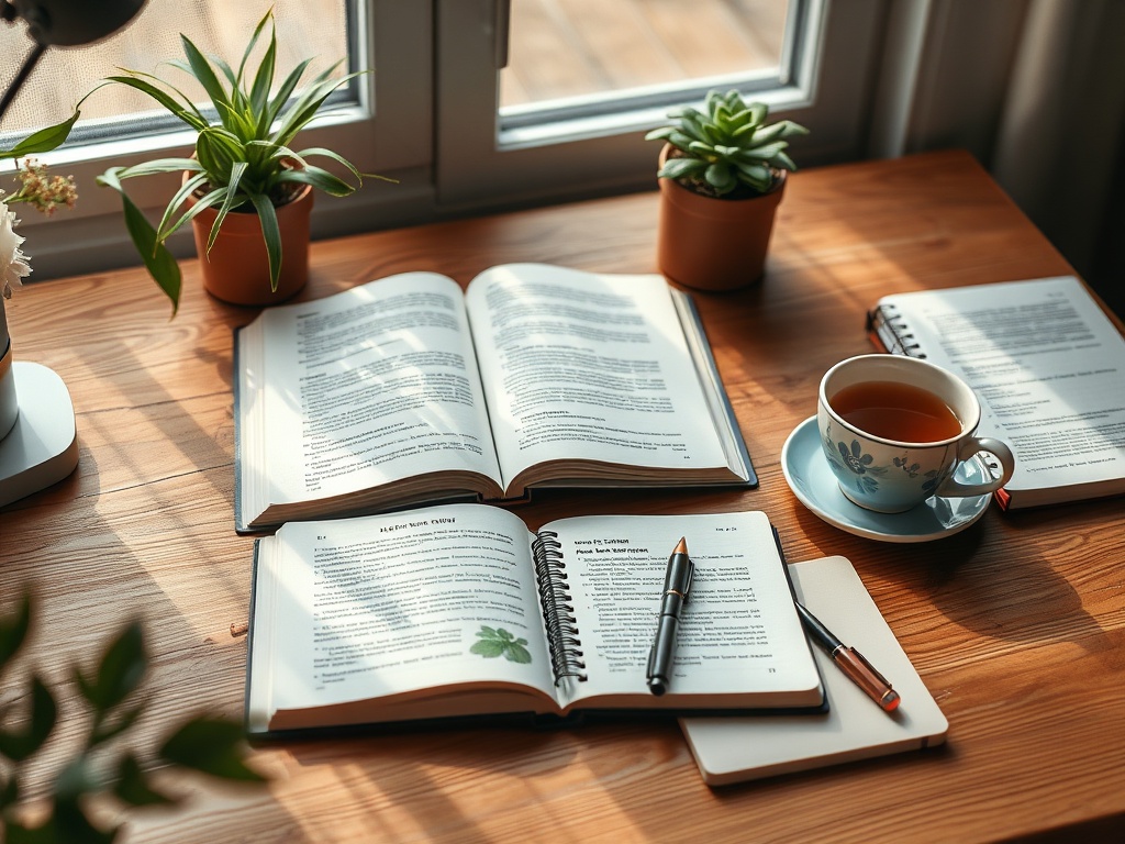 "calm workspace" "open e-book on wooden desk" "soft morning light" "cup of tea, notebook, pen" "gentle plants and warm tones"