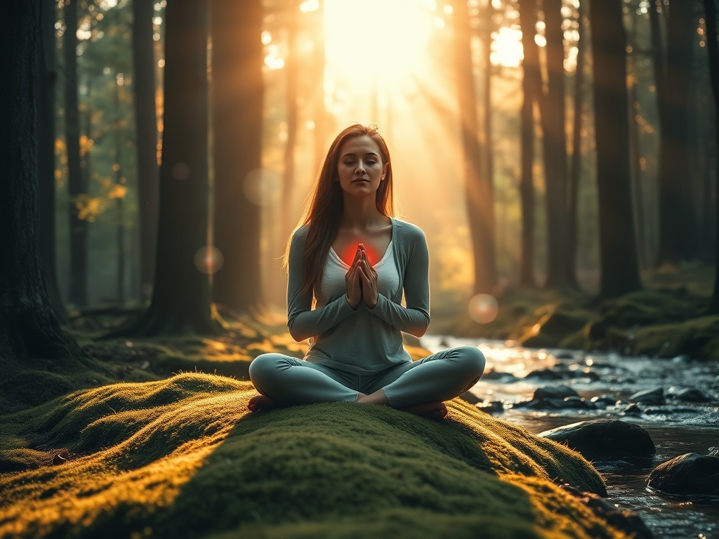 "serene woman sitting cross-legged on a mossy forest floor" "soft golden morning light filtering through tall trees" "floating translucent orbs of light around her" "gentle stream nearby reflecting dappled sunlight" "subtle glowing line from heart to fore