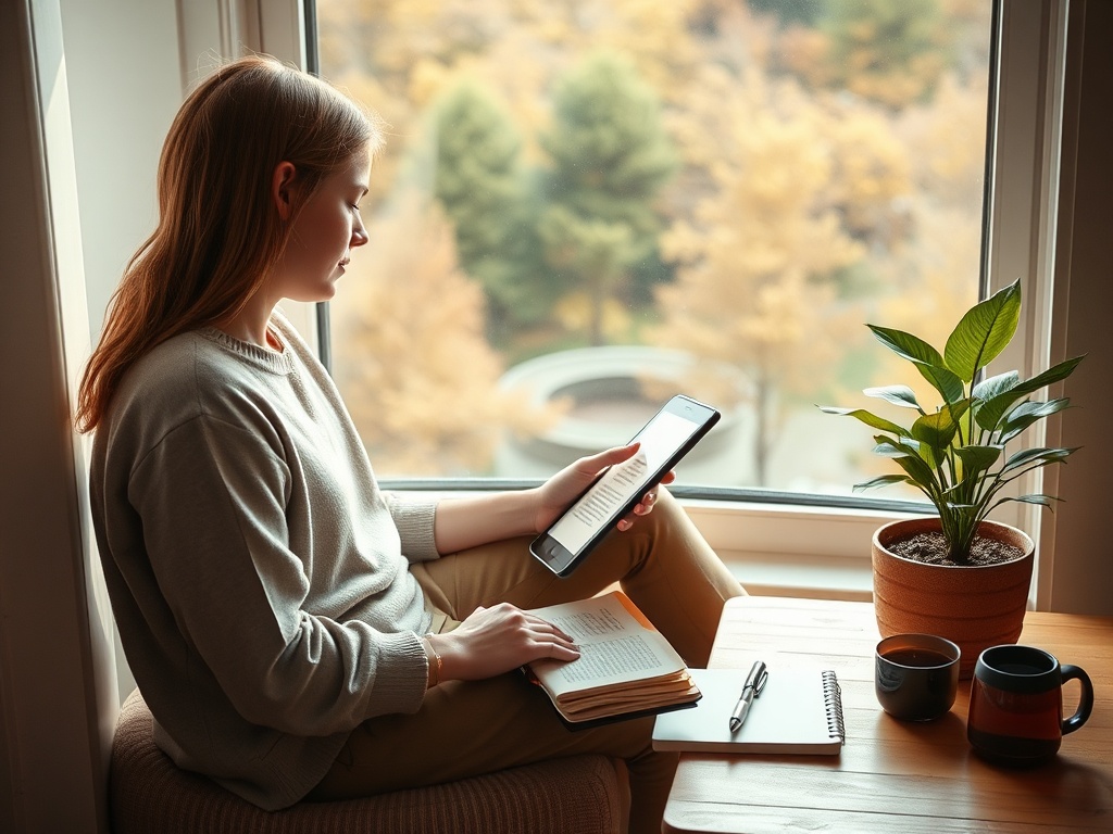 "calm person seated by window" "soft morning light" "open e-book on tablet" "warm earthy tones" "notebook and pen" "potted plant" "cup of tea" "gentle, hopeful atmosphere"
