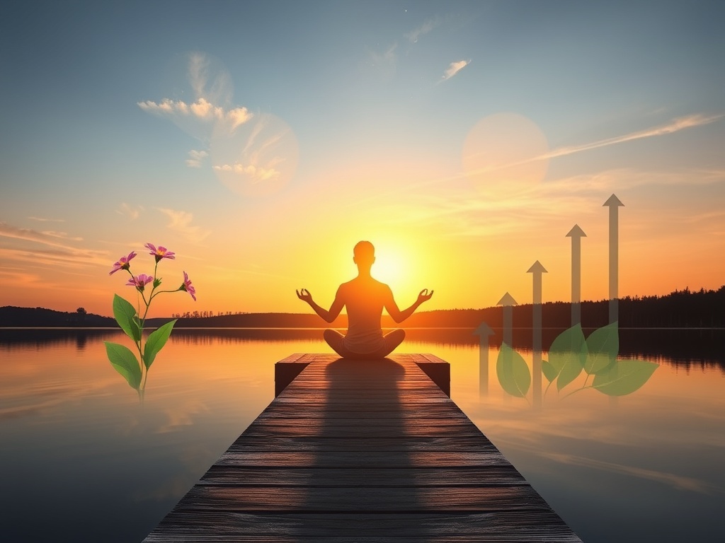 "A serene sunrise over a calm lake" "a person meditating on a wooden dock" "soft glowing light surrounding them" "symbols of growth like blooming flowers and ascending arrows" "nature elements blending with abstract shapes representing mindset transformat