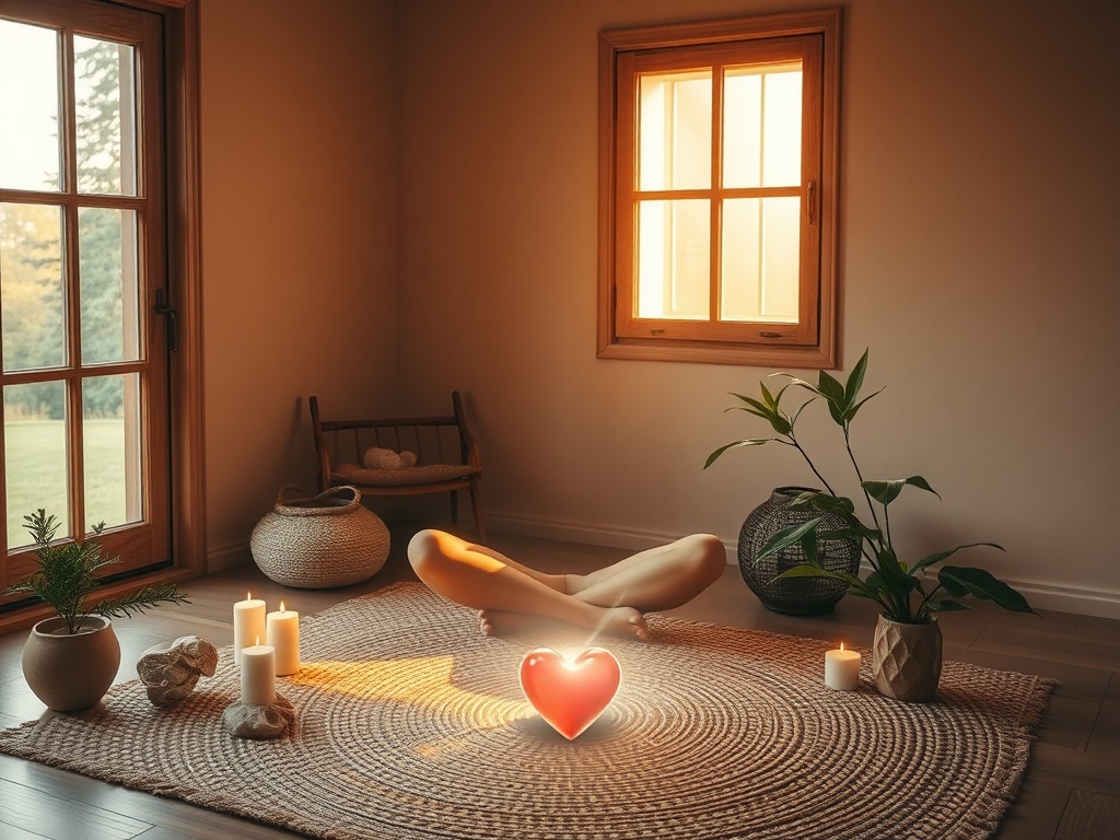 "Warm peaceful room" "person seated cross-legged on woven mat" "soft golden light through window" "small crystals and candles" "gentle plant greenery" "subtle energy glow around heart and root"