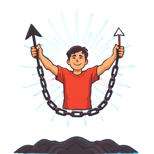 "person breaking chains" "bright light burst" "uplifted arms" "growth arrows" "strong roots" "blue background"