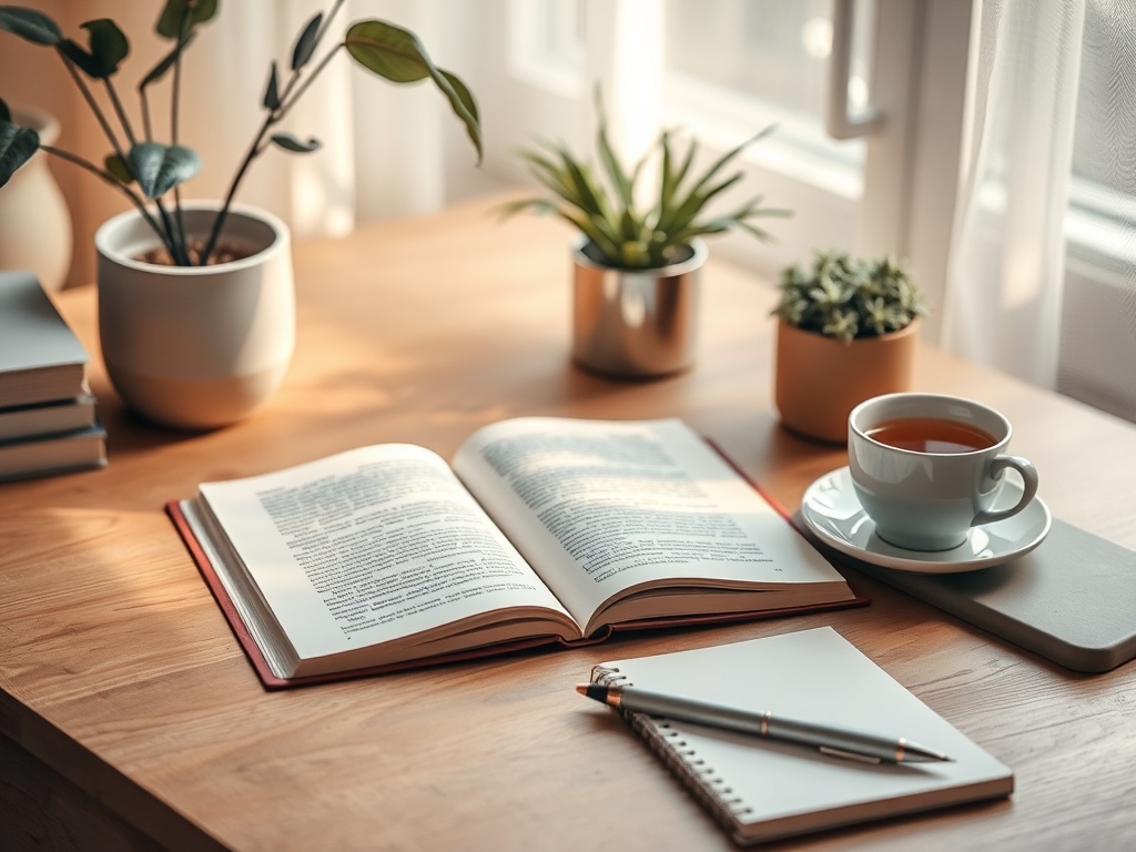 "calm workspace" "open e-book on wooden desk" "soft morning light" "cup of tea, notebook, pen" "gentle plants and warm tones"