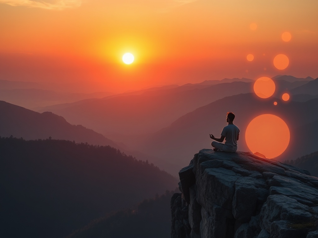 "serene sunrise" over "mountain landscape," "person meditating" on "rocky cliff," surrounded by "glowing light" and "floating abstract shapes" symbolizing growth and transformation.