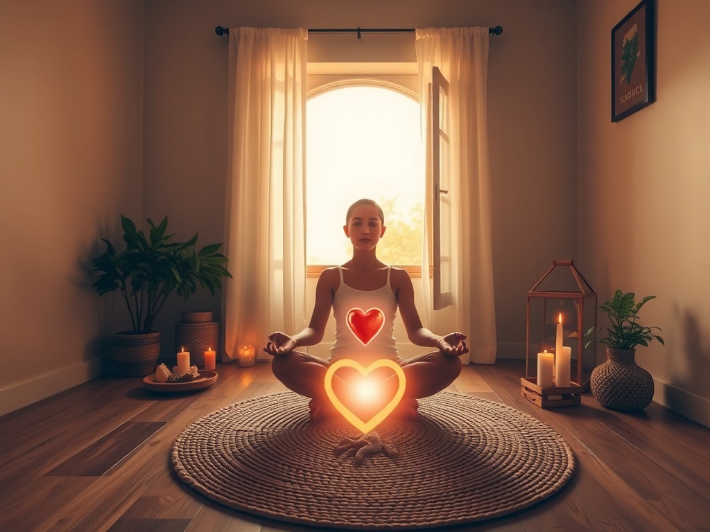 "Warm peaceful room" "person seated cross-legged on woven mat" "soft golden light through window" "small crystals and candles" "gentle plant greenery" "subtle energy glow around heart and root"