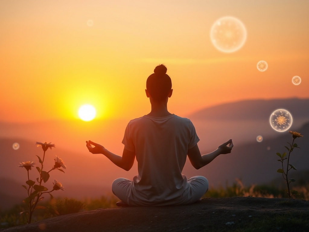 A serene person meditating at sunrise, surrounded by glowing symbols of growth like blooming flowers, light orbs, and a peaceful home study setting.