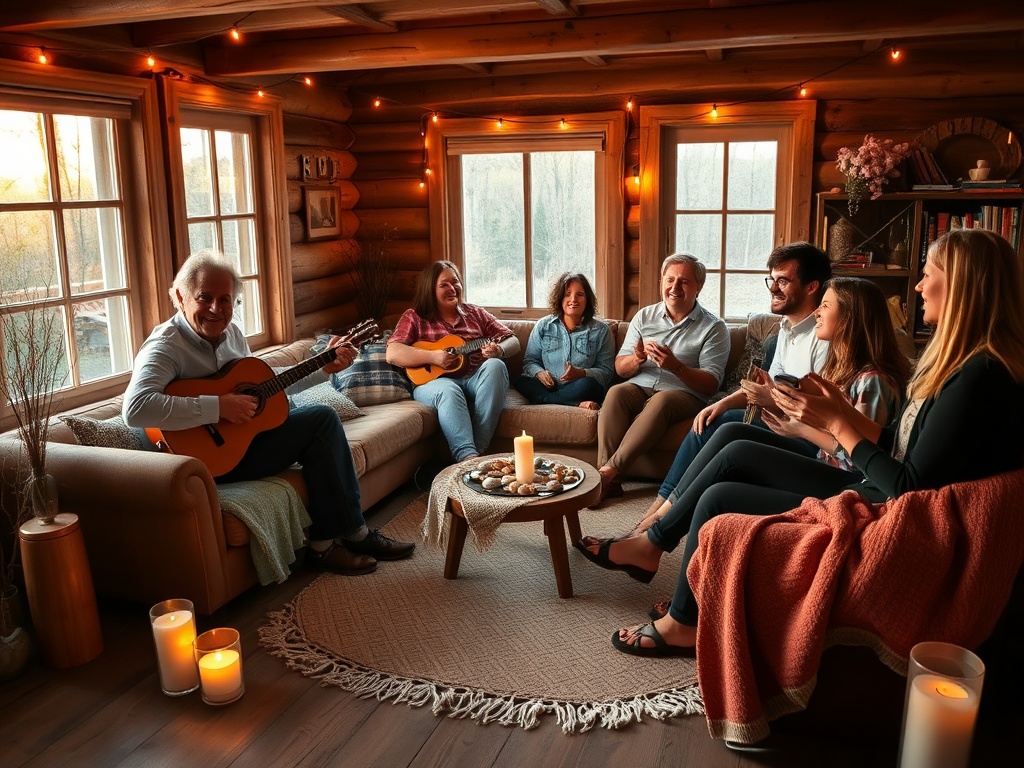 "Cozy rustic living room in a Texel vacation cottage" "Small acoustic musician with guitar leading an intimate sing-along" "Group of 8 diverse people smiling, seated close, some clapping, some singing" "Warm golden evening light through windows, soft blan