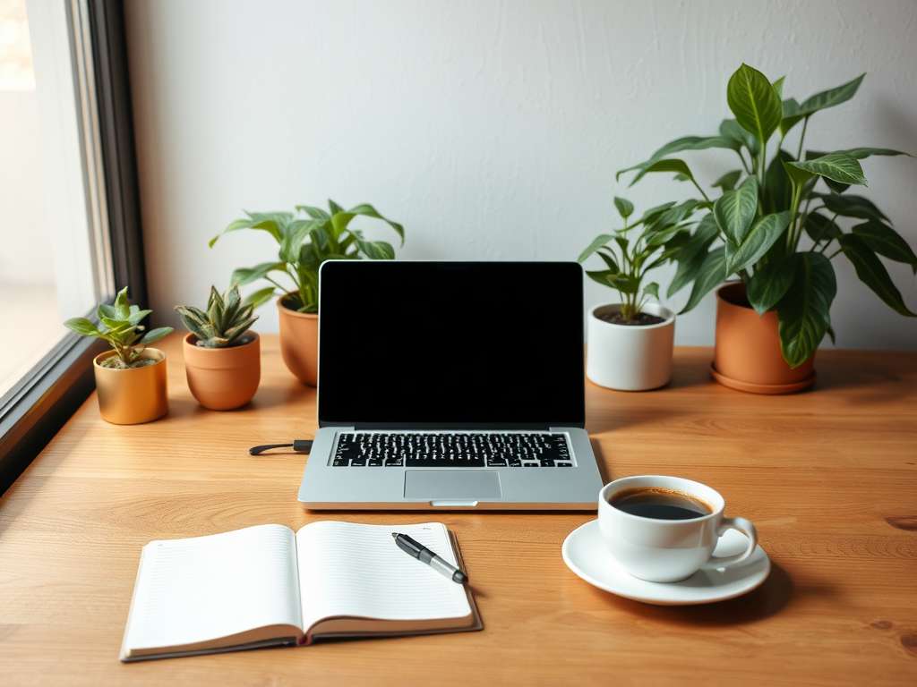 A serene workspace with a "wooden desk," "open laptop," "notebook and pen," "soft natural light," "potted green plants," and a "cup of coffee."