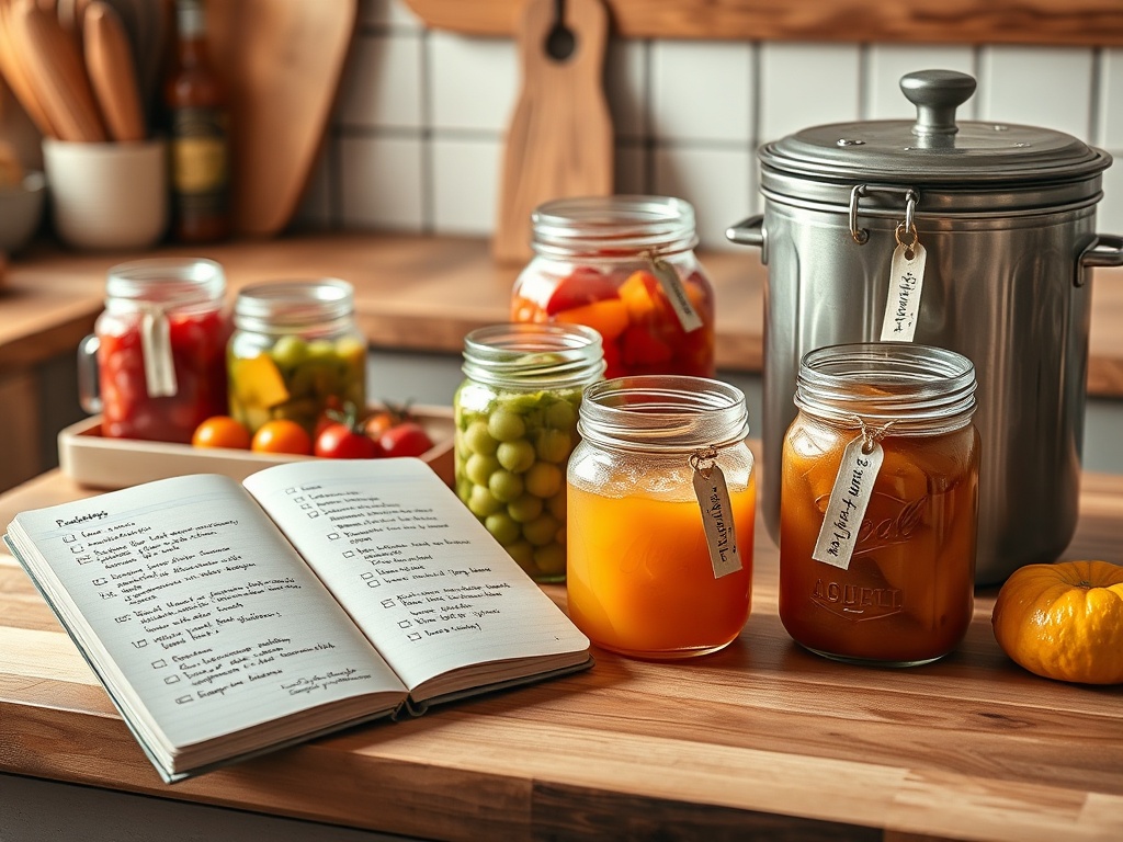 "warm kitchen scene" "wooden countertop with jars of preserved fruits and vegetables" "open notebook with handwritten checklist" "mason jars, fermentation crock, ice tray, and labeled ribbons" "soft morning light, cozy, organized, inviting"