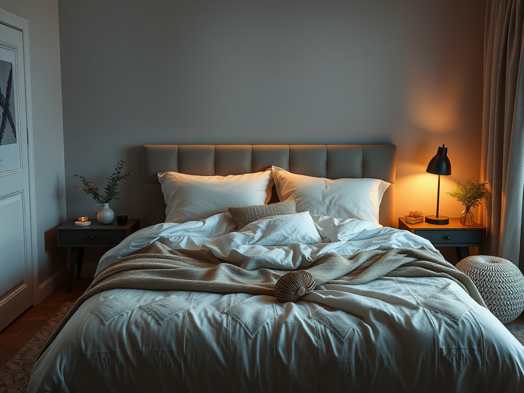 Een serene slaapkamer met een comfortabel bed en rustgevende verlichting.