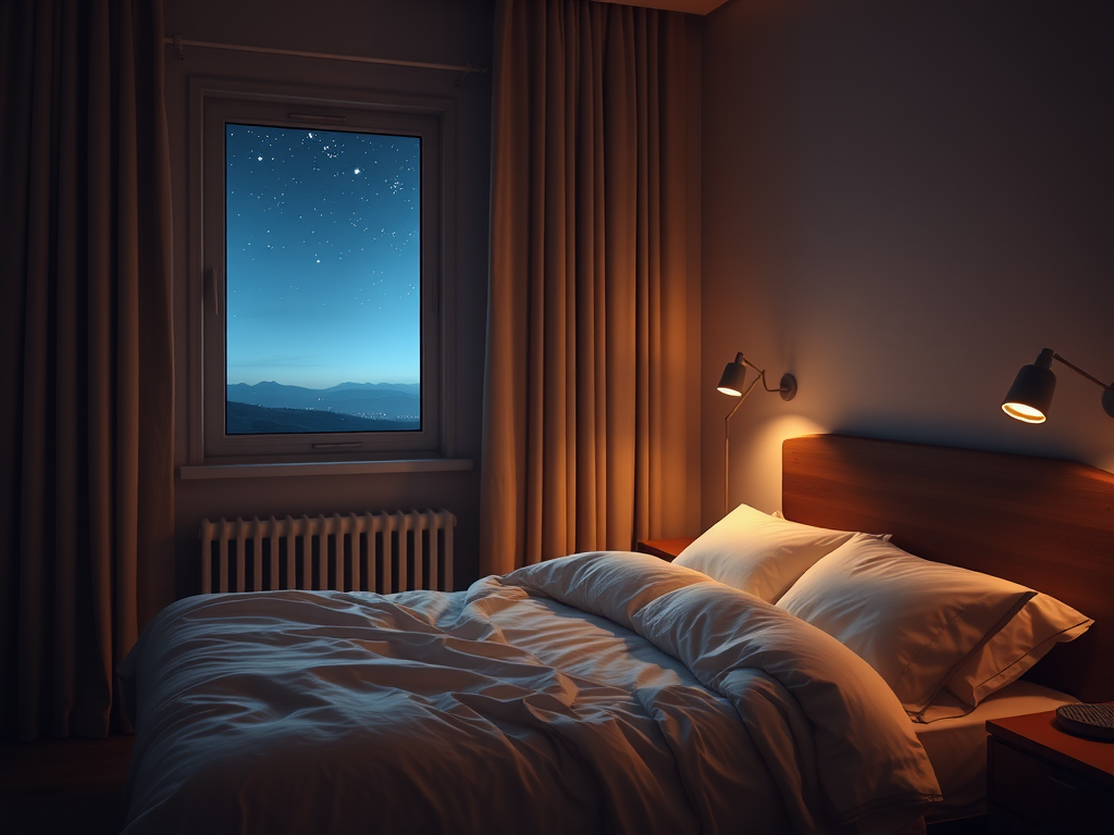 Een rustige slaapkamer met een cozy bed en sterrenhemel.