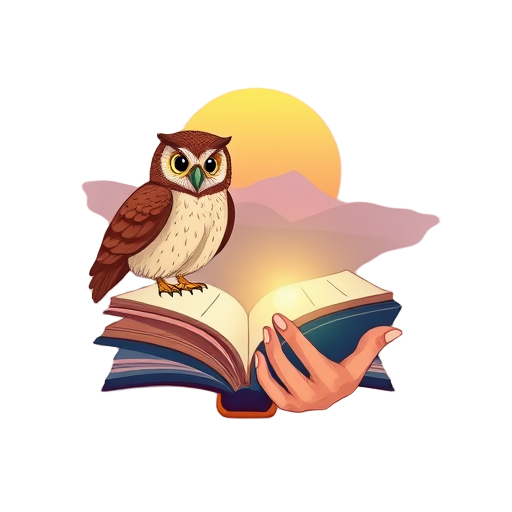 Een wijze uil op een open boek met zonsondergang.