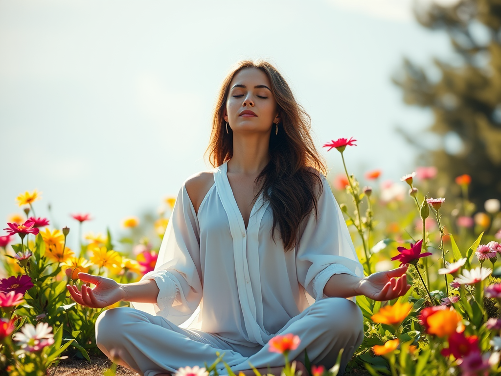 Een serene vrouw mediteert omringd door bloemen.