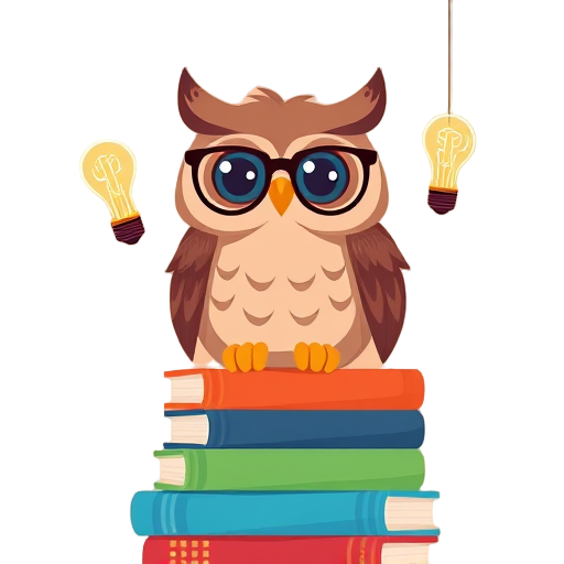 Een wijze uil met een bril op een stapel kleurrijke boeken.