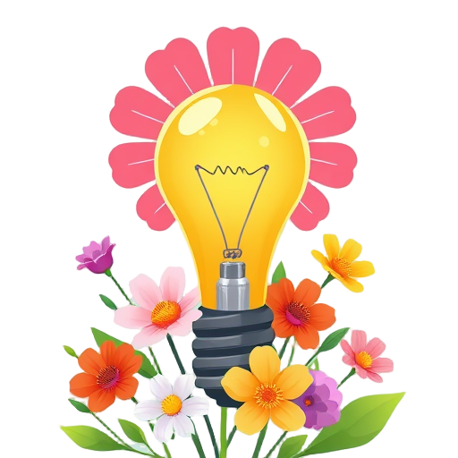 Een heldere gloeilamp omringd door kleurrijke bloemen.