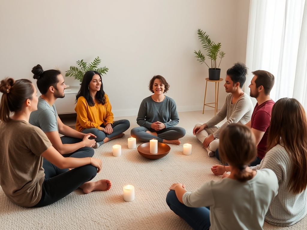 "A serene online circle of diverse adults in soft lighting, seated comfortably, guiding breath, gentle energy cleanse, warm candles, tranquil, approachable atmosphere."