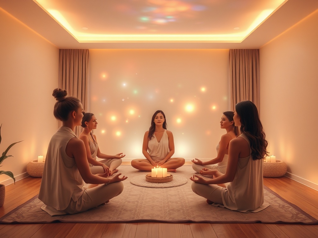 "A tranquil online group healing scene