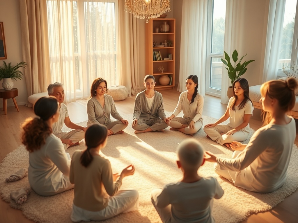 "A serene online group healing scene