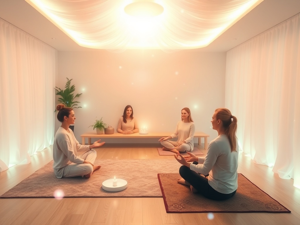 "A tranquil online group healing scene