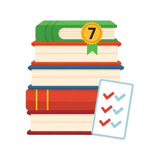 "three stacked books" "one highlighted book with a number 7 badge" "checklist with three checked boxes"