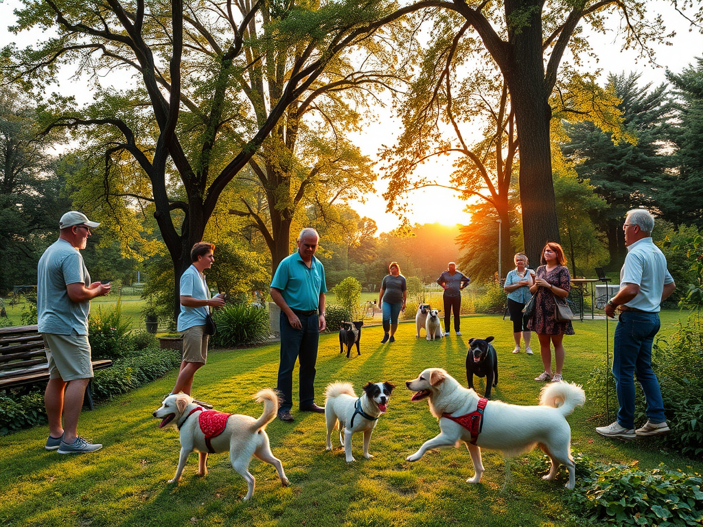Rustige park scène met blije honden en eigenaren.