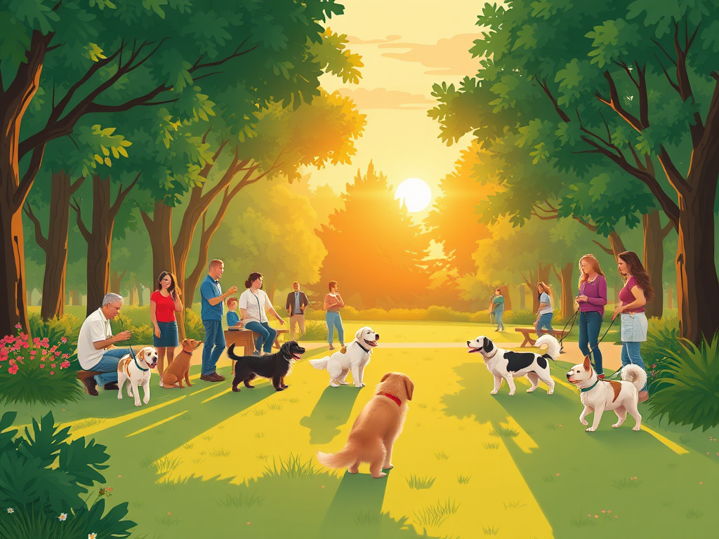 Rustige park scène met honden en eigenaren bij zonsondergang.