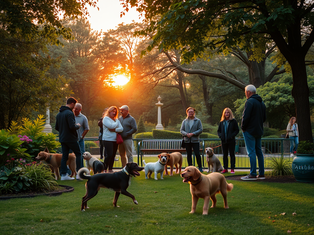 Rustige park scène met blije honden en eigenaren.