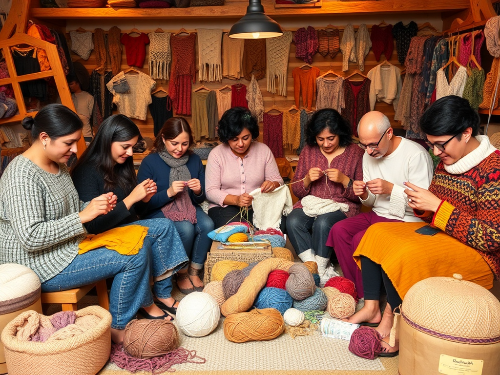 Een gezellige breiworkshop met diverse deelnemers en kleurrijke garens.