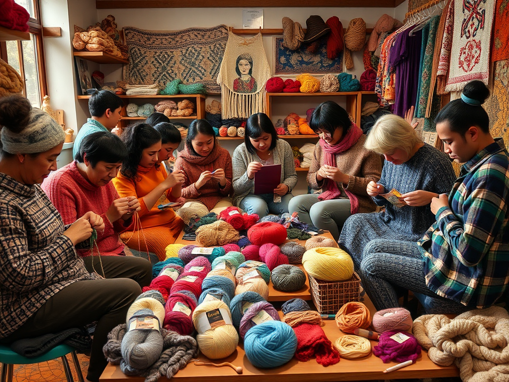 Een gezellige brei-workshop met diverse mensen aan het werk.