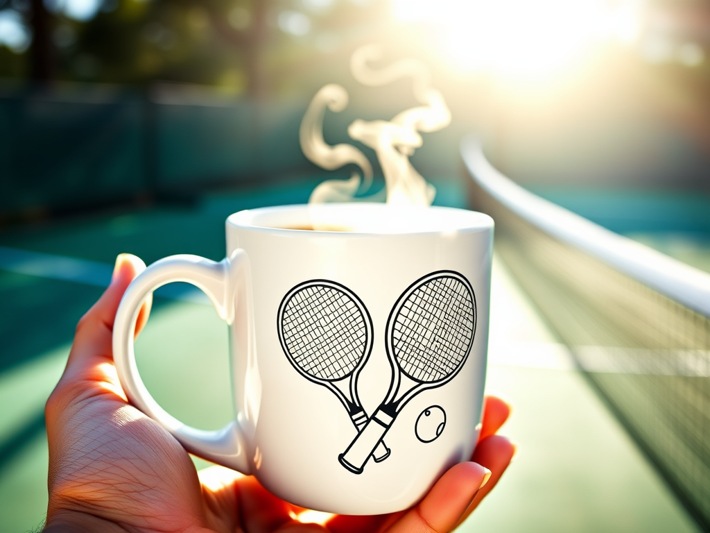"a sturdy ceramic coffee mug" "tennis rackets and balls subtly engraved" "warm coffee inside steaming gently" "bright morning light" "tennis court background blurred" "hand holding the mug" "green and white color tones"