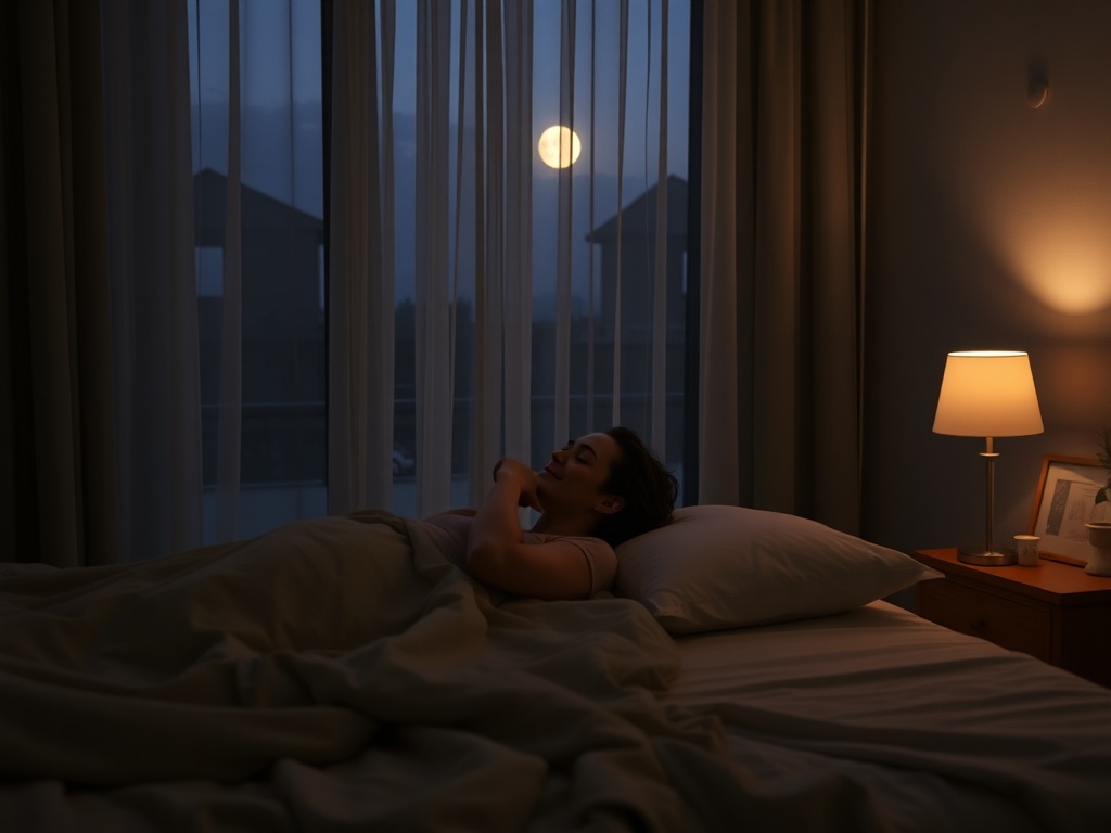 "calm bedroom at dusk" "soft moonlight through sheer curtains" "person relaxed on bed, eyes closed, serene smile" "subtle bedside lamp glow" "warm muted color palette" "minimalist, cozy decor"