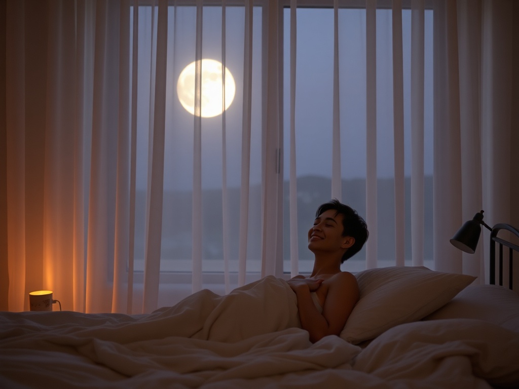 "calm bedroom at dusk" "soft moonlight through sheer curtains" "person relaxed on bed, eyes closed, serene smile" "subtle bedside lamp glow" "warm muted color palette" "minimalist, cozy decor"