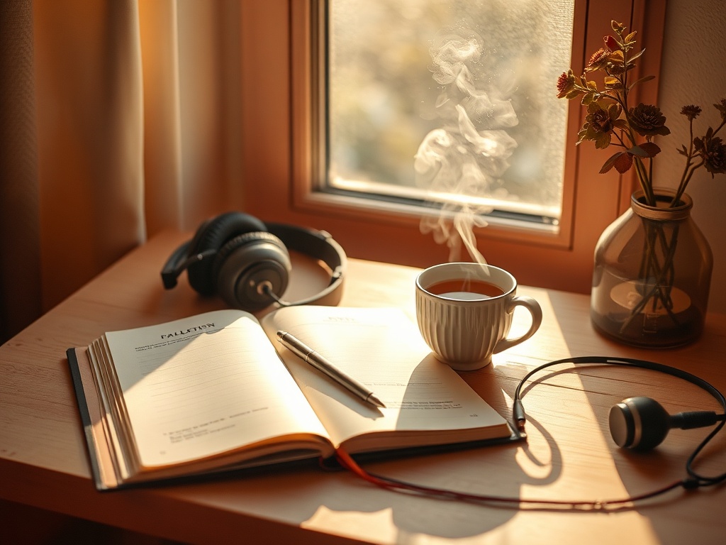 "calm morning scene" "open journal, headphones, steaming tea" "soft sunlight through window" "gentle warm tones, minimal clutter" "subtle focus on relaxation tools"
