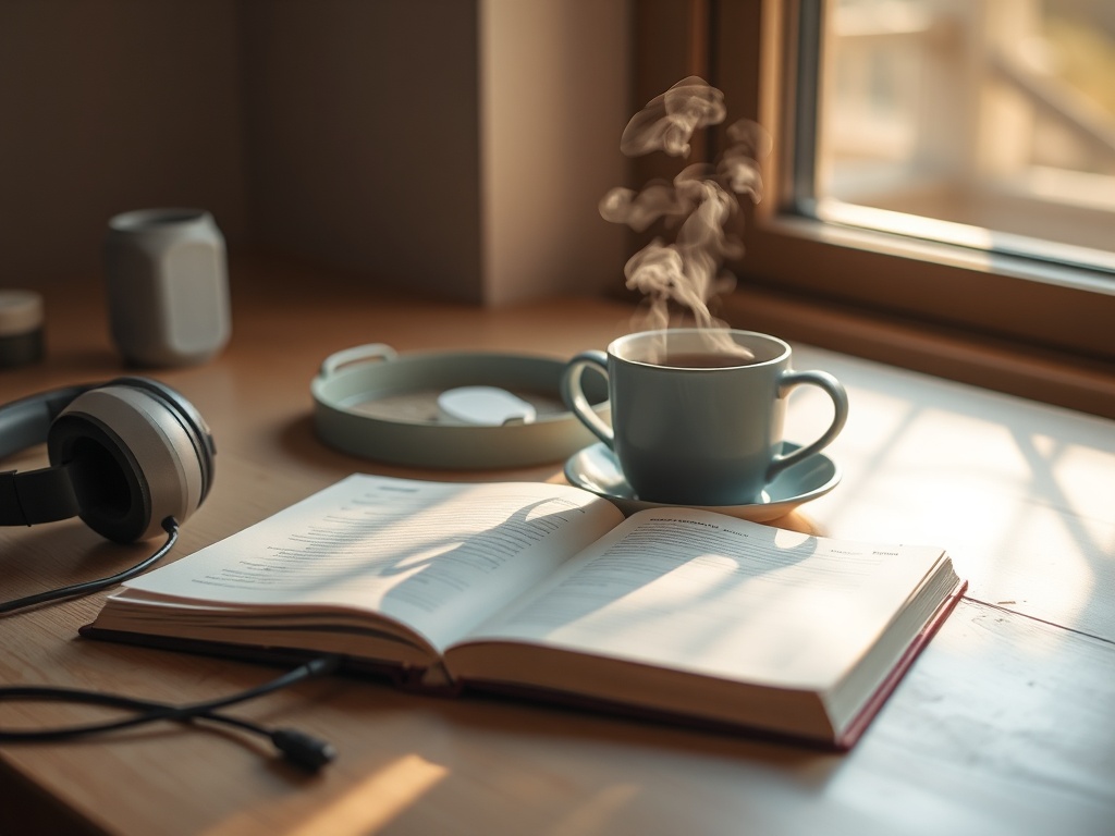 "calm morning scene" "open journal, headphones, steaming tea" "soft sunlight through window" "gentle warm tones, minimal clutter" "subtle focus on relaxation tools"