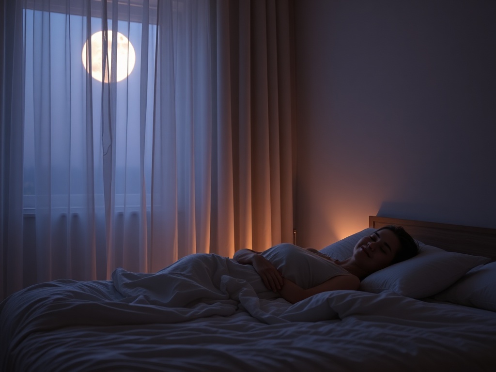 "calm bedroom at dusk" "soft moonlight through sheer curtains" "person relaxed on bed, eyes closed, serene smile" "subtle bedside lamp glow" "warm muted color palette" "minimalist, cozy decor"